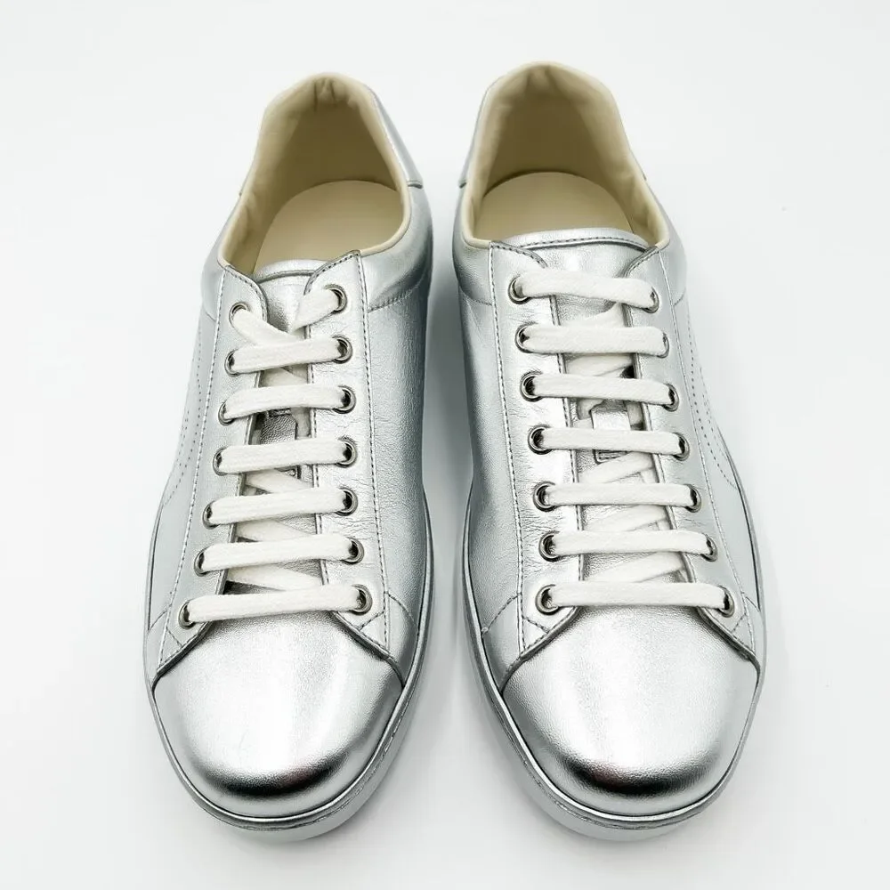 Gucci New GG Ace Silver Sneakers Interlocking G Trainers Mens